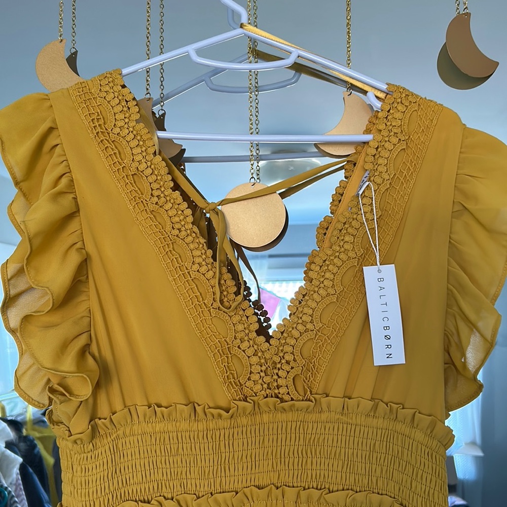Mustard yellow, long maxi, Baltic born ruffle dress
